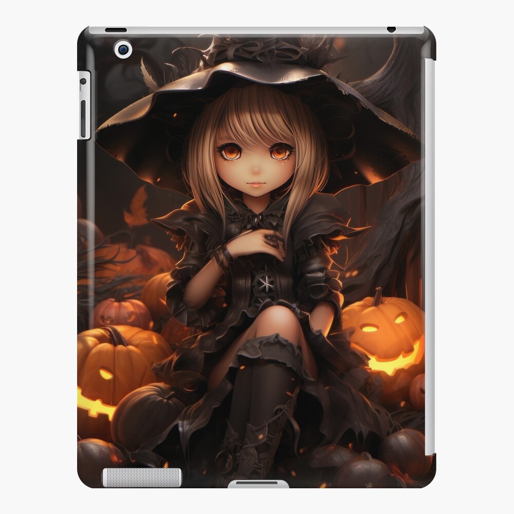 Cute Anime Witch Sitting In Pumpkin Patch