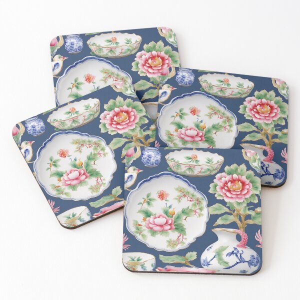 Item preview, Fantasy chinoiserie porcelain on navy blue designed and sold by SophieClimaArt.