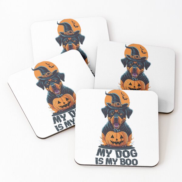 Item preview, Mi perro es mi abucheo Rottweiler de Halloween con sombrero de bruja y calabaza designed and sold by Peculiarts.