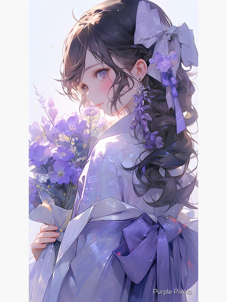 Violet Elegance: Portrait of a Cute Anime Girl in a Lavender Dress, Holding  a Bunch of Violet Flowers"" Photographic Print for Sale by hasib02 |  Redbubble