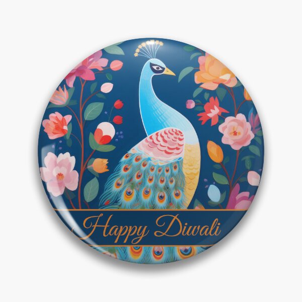 Artikelvorschau, Fröhliche Diwali Blue Folk Art Pfau und rosa Blumen Deepavali-Feier entworfen und verkauft von Karen McFarland.