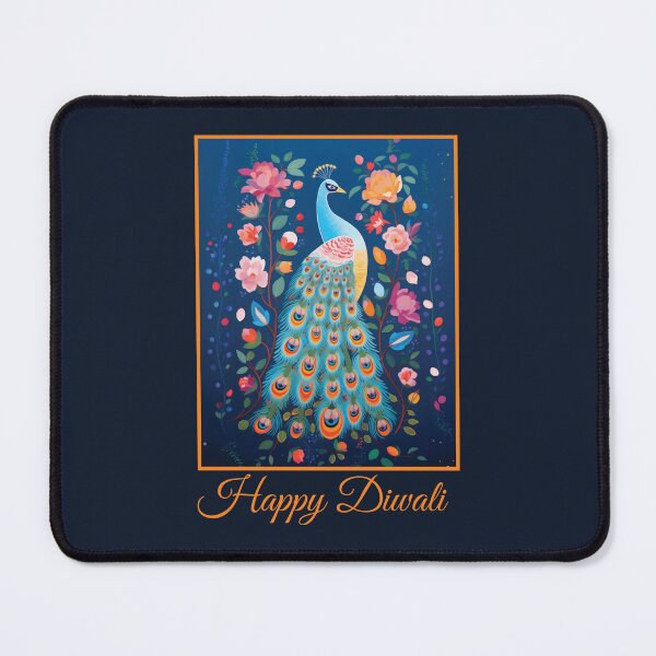 Artikelvorschau, Fröhliche Diwali Blue Folk Art Pfau und rosa Blumen Deepavali-Feier entworfen und verkauft von Karen McFarland.