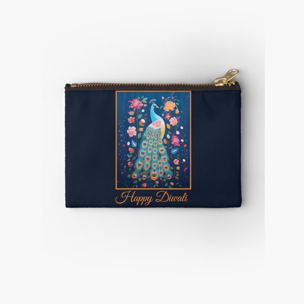 Artikelvorschau, Fröhliche Diwali Blue Folk Art Pfau und rosa Blumen Deepavali-Feier entworfen und verkauft von Karen McFarland.