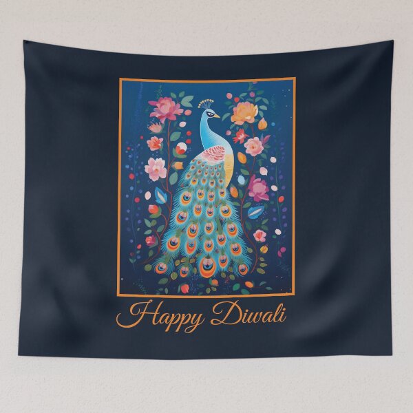 Artikelvorschau, Fröhliche Diwali Blue Folk Art Pfau und rosa Blumen Deepavali-Feier entworfen und verkauft von Karen McFarland.