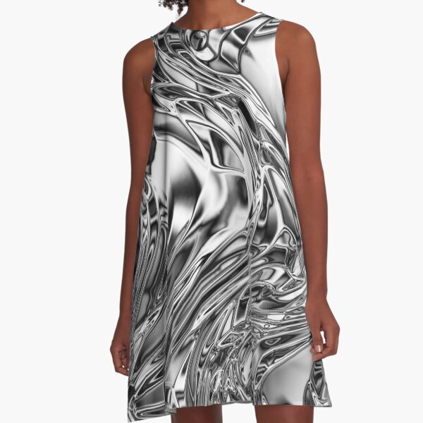 Silver Aluminium Molten Metal Digital Texture A-Line Dress