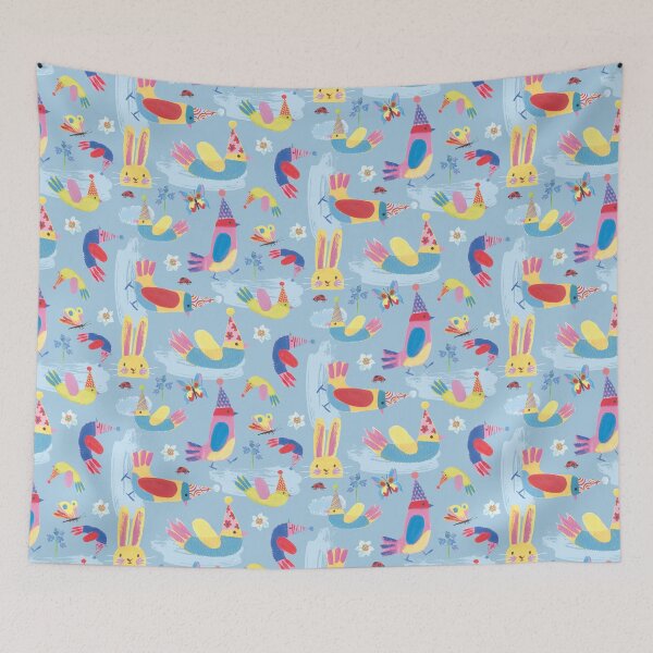 Item preview, Bird and Bunny Party - a pattern for children, kids room, cute duvet cover and pillows designed and sold by Gabriella Buckingham.