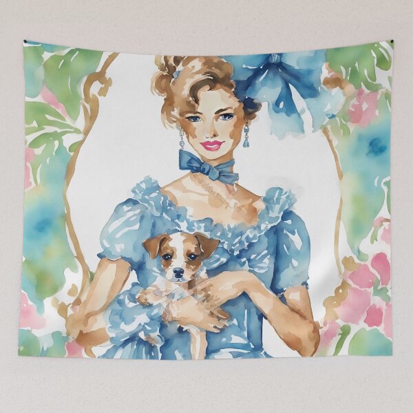 Item preview, Victorian lady with cute dog watercolor designed and sold by SophieClimaArt.