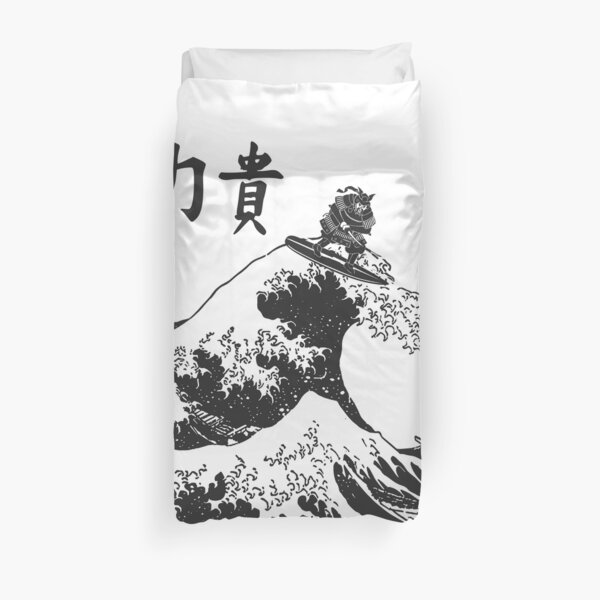 Funny Samurai Warrior Surfing on The Great Wave off Kanagawa Duvet Cover