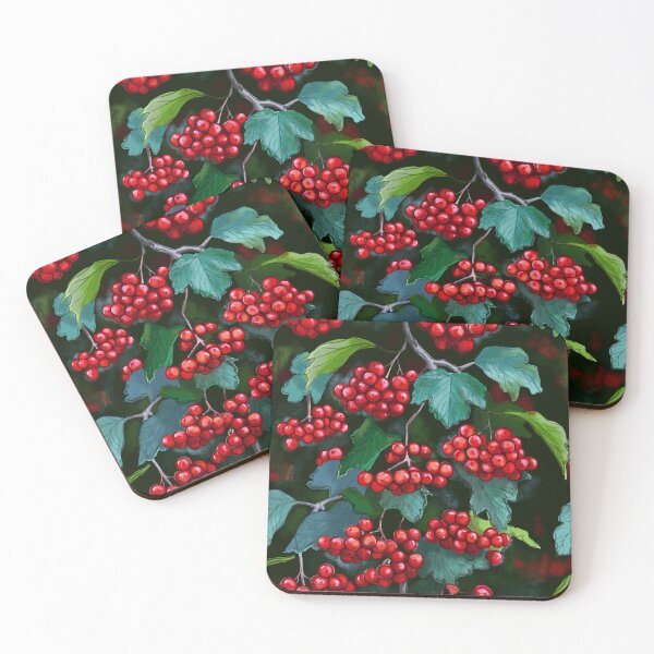Item preview, botanical pattern with red berries of coral viburnum designed and sold by Hennagirl.