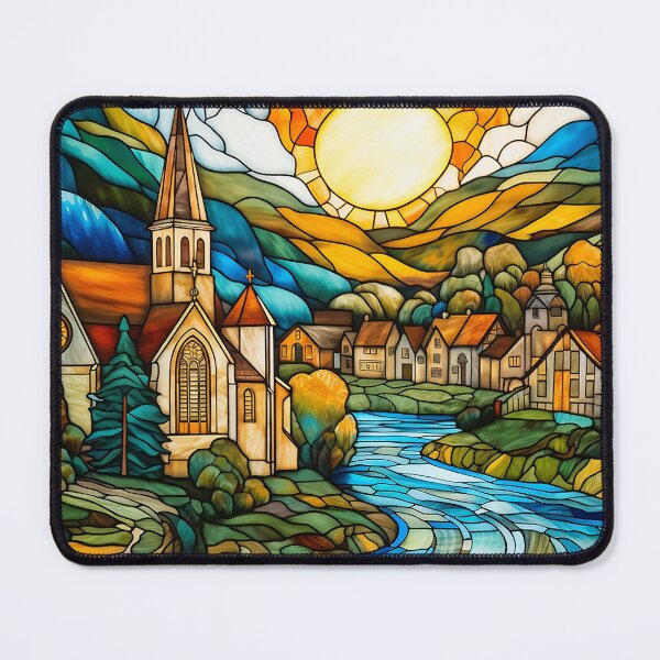 Item preview, colorful small town in stained glass style designed and sold by SunGraphicArt.