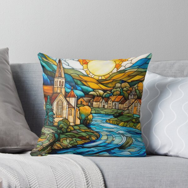 Item preview, colorful small town in stained glass style designed and sold by SunGraphicArt.