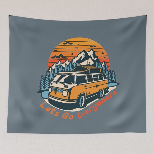 Item preview, Retro sunset with trees, mountains, truck and writing LEST GO EVERYWHERE  designed and sold by Ndli.