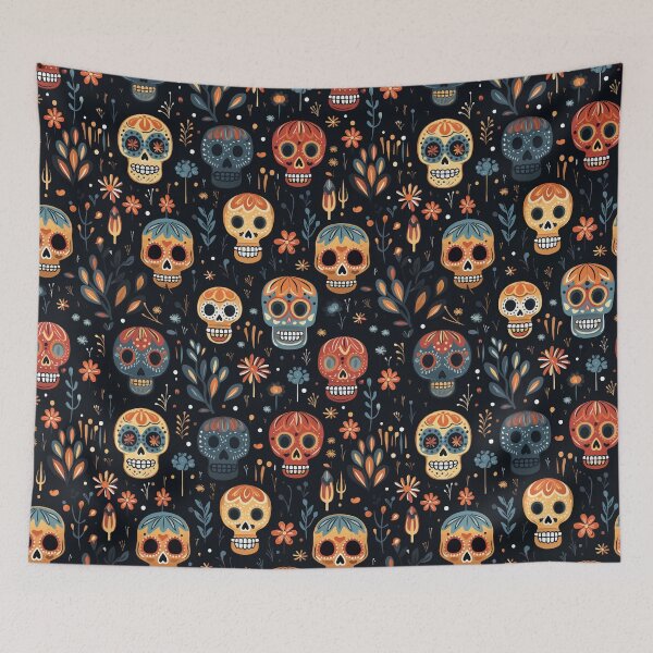 Item preview, Decorated Orange and Blue Halloween Skulls Pattern designed and sold by Blue-Banana.
