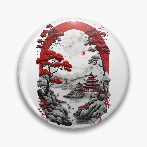 Artikelvorschau, Asian Temple Scene - Red and White Illustration entworfen und verkauft von Seneku-Design.