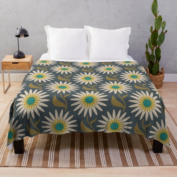 Item preview, KF 0151 C - Vintage Retro 70s Daisy Floral Pattern in Olive Green on Navy Blue designed and sold by KhakiFinch.