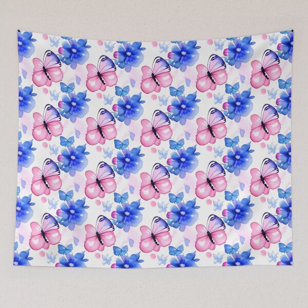 Item preview, Flowers butterflies watercolor seamless pettern blue pink. designed and sold by Nada2446.