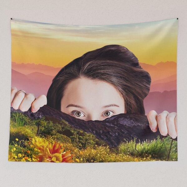 Item preview, Beautiful Sunrise Collage Art Print - Good Morning Sunshine with Giantess and Orange Flower Landscape designed and sold by GollyWillikers.