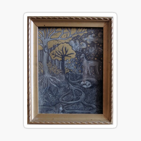 Item preview, golden forest illustration with deer, fox and mole designed and sold by colorfulglee.