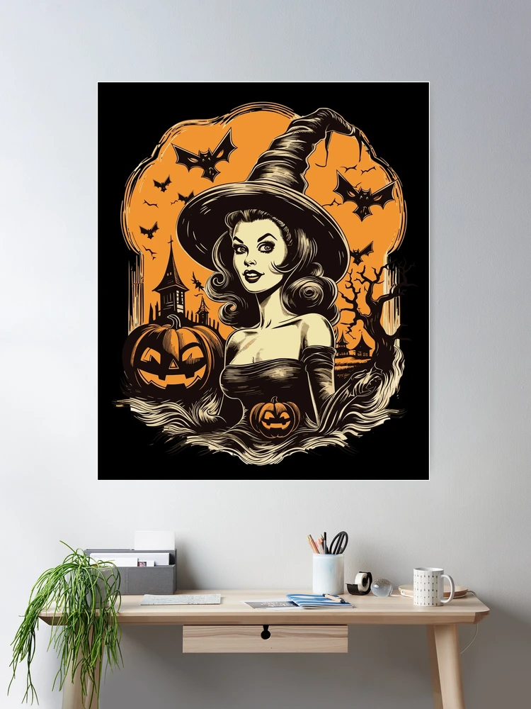 Retro Halloween Witch Girl with Pumpkins and Bats