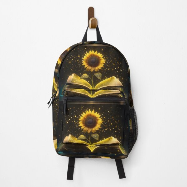 Item preview, Eye-catching magical sunflower growing from a book surrounded by gold dust in the style of fantasy and romantic emotivity designed and sold by AI-Only Creations.