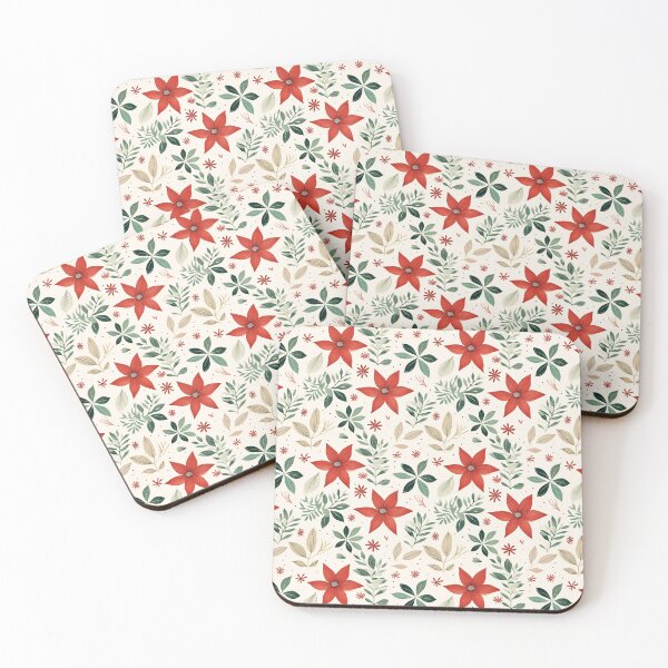 Item preview, Poinsettia Christmas Holidays Pattern in Cream, Red and Green designed and sold by VintageFlorals.