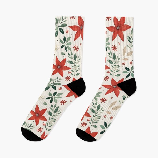 Item preview, Poinsettia Christmas Holidays Pattern in Cream, Red and Green designed and sold by VintageFlorals.
