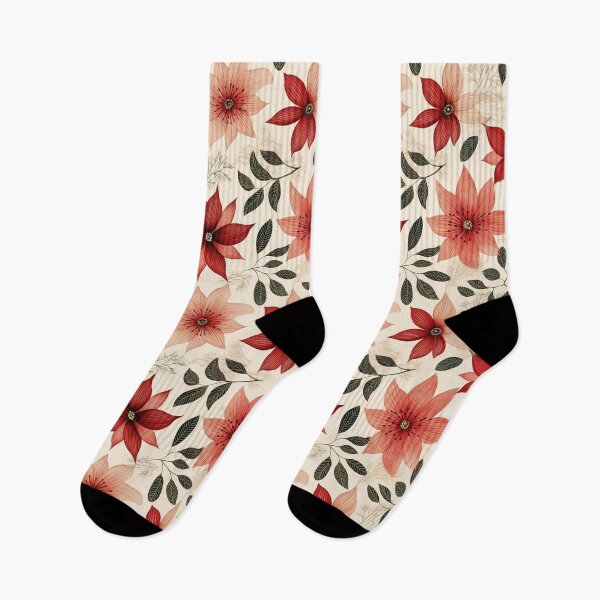 Item preview, Poinsettia Christmas Holidays Pattern in Cream, Red and Green designed and sold by VintageFlorals.