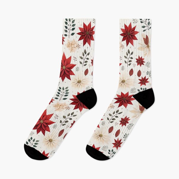 Item preview, Poinsettia Christmas Holidays Pattern in Cream, Red and Green designed and sold by VintageFlorals.