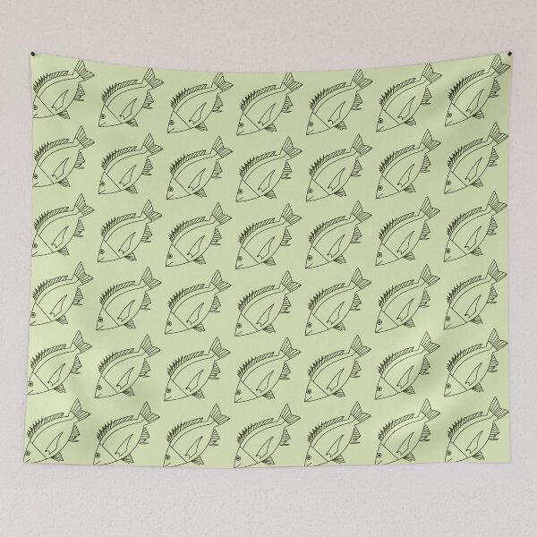 Item preview, Kawaii Black Bream Fish in Khaki Green on Pastel Green designed and sold by fruttidimare.