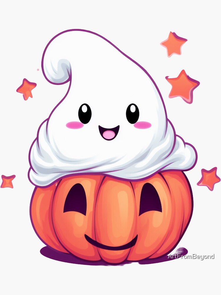 Cute Pink Ghost with Pumpkin  Sticker for Sale by ArtFromBeyond