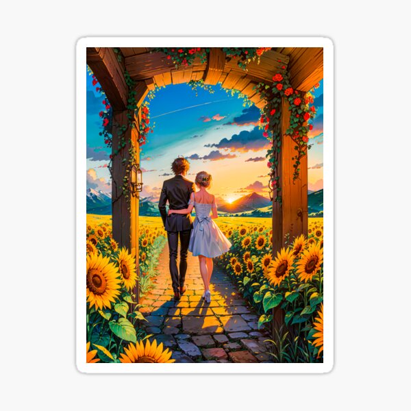Couple Romantic Anime Digital Art Love Sunflowers Sticker