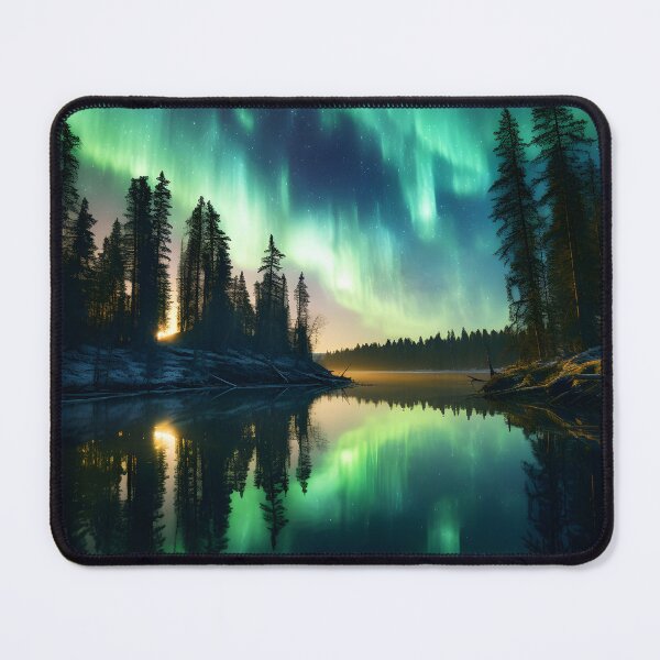 Item preview, a lowlight landscape photo of the northern lights over a forest lake with the reflections in the serene water designed and sold by aiartbay.