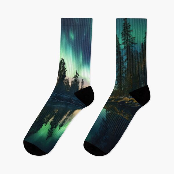 Item preview, a lowlight landscape photo of the northern lights over a forest lake with the reflections in the serene water designed and sold by aiartbay.