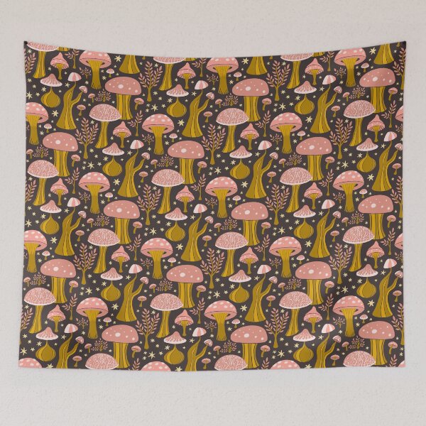Item preview, pink and gold magic mushrooms on dark brown designed and sold by colorofmagic.
