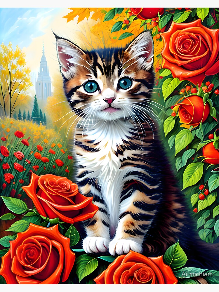 Cat with Roses - Modern Digital Art Sticker by Ai-michiart
