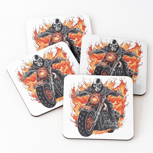 Aperçu de l'œuvre Crâne motard chevauchant une moto Hurley avec des flammes sortant 3 créée et vendue par eyestetix.