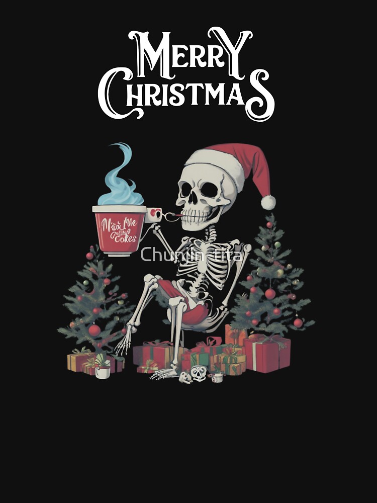Discover Skeleton wearing a Santa outfit drinking coffee cartoon T-shirt