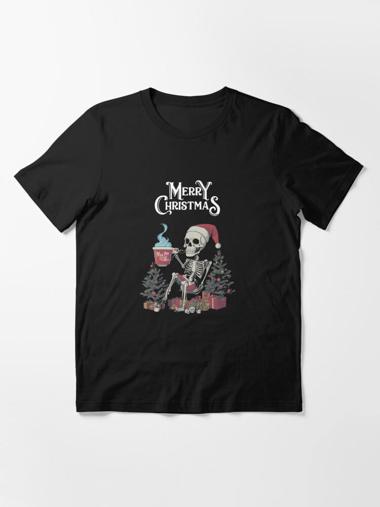 Disover Skeleton wearing a Santa outfit drinking coffee cartoon T-shirt