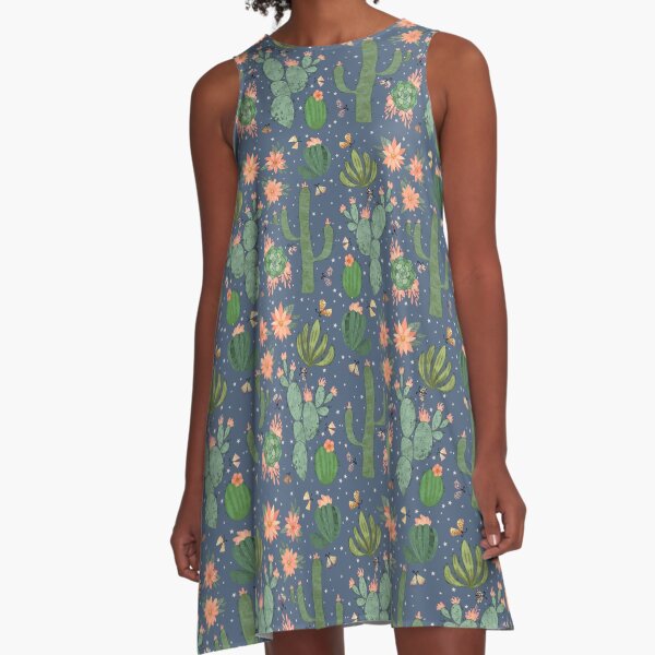 Succulents in Blue A-Line Dress