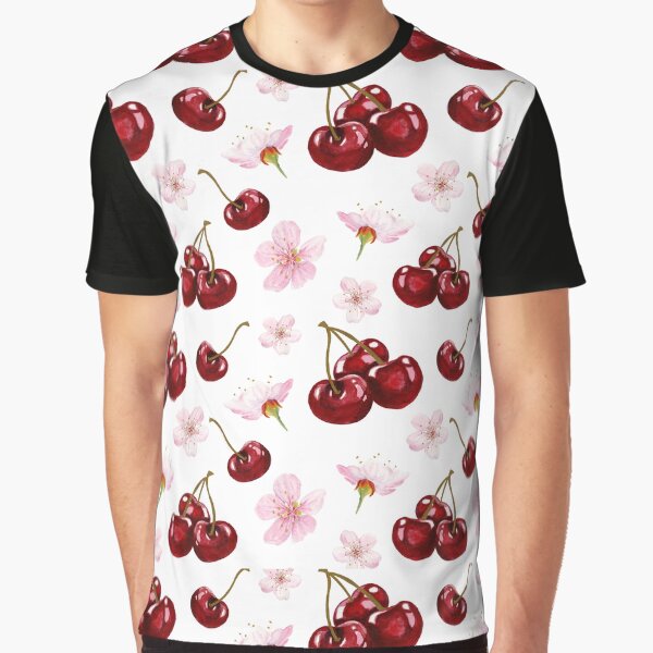 Cherry Prunus avium and flowers pattern on white background Graphic T-Shirt