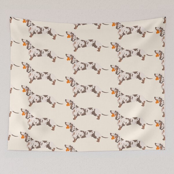 Item preview, dachshund on whith orange bone toy designed and sold by Itsdomd.