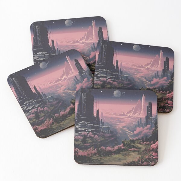 Item preview, Futuristic Landscape of the City of the Future on a Mountain and Flowers in Pink Colors designed and sold by Je-we.