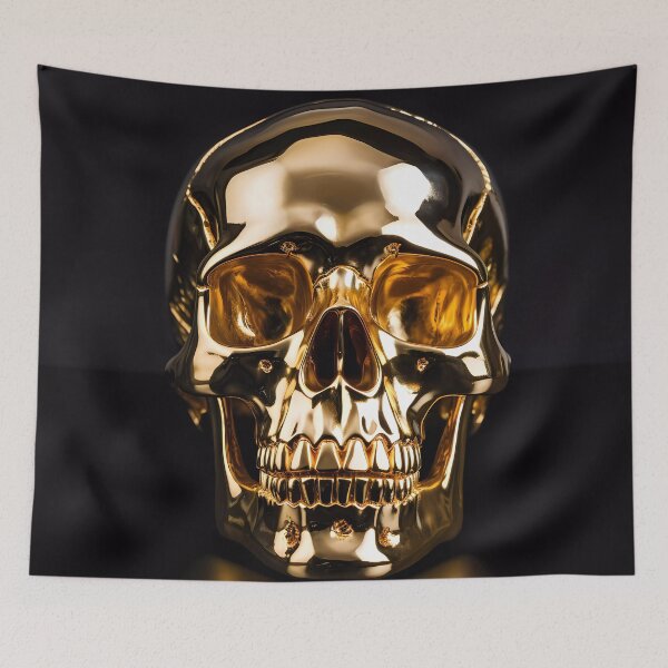 Item preview, "Human Skull in Polished Gold on Black Background" designed and sold by Art-Vortex-fr.