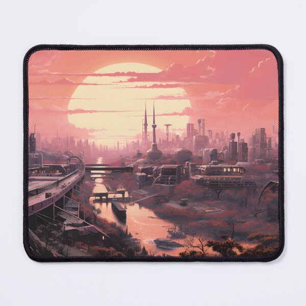 Item preview, Futuristic Autumn Landscape of the City of the Future with City River and Sunset in Pink Colors designed and sold by Je-we.