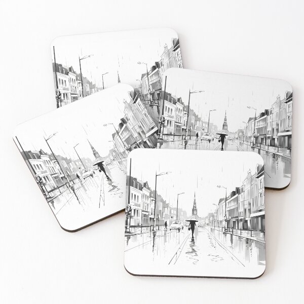 Item preview, A black and white drawing of rain and puddles in the style of Belgian landscapes designed and sold by AI-Only Creations.