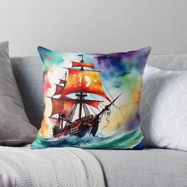 Watercolor pirate ship Throw Pillow