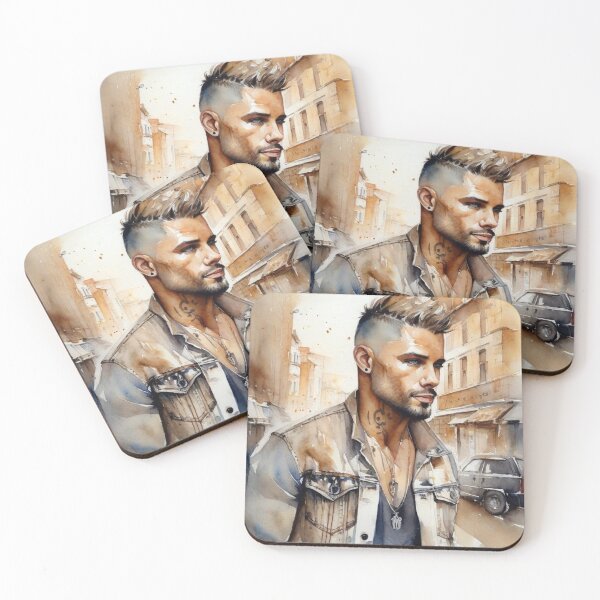 Item preview, Handsome man in a denim jacket on the street of Paris - watercolor portrait. designed and sold by SaraSumi.