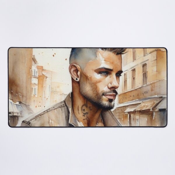 Item preview, Handsome man in a denim jacket on the street of Paris - watercolor portrait. designed and sold by SaraSumi.