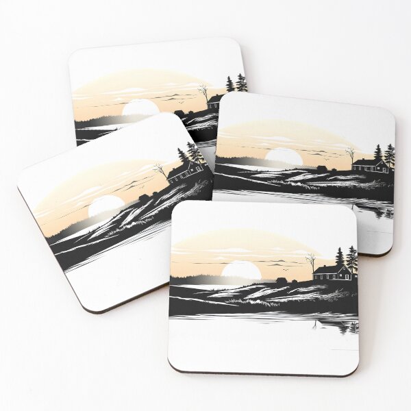 Item preview, Romantic sunset over lake with houses in the style of minimalistic drawings designed and sold by AI-Only Creations.