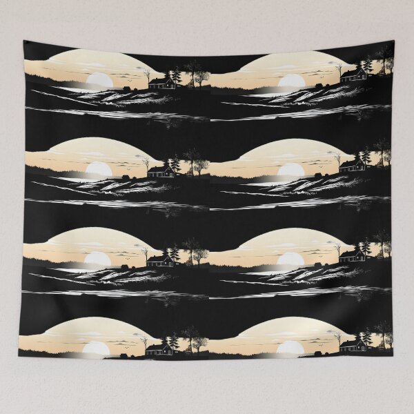Item preview, Romantic sunset over lake with houses in the style of minimalistic drawings designed and sold by AI-Only Creations.